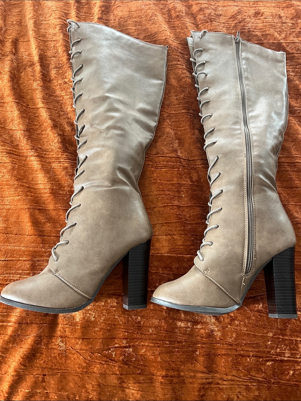 Tall Lace-Up Block Heel Boots in Taupe